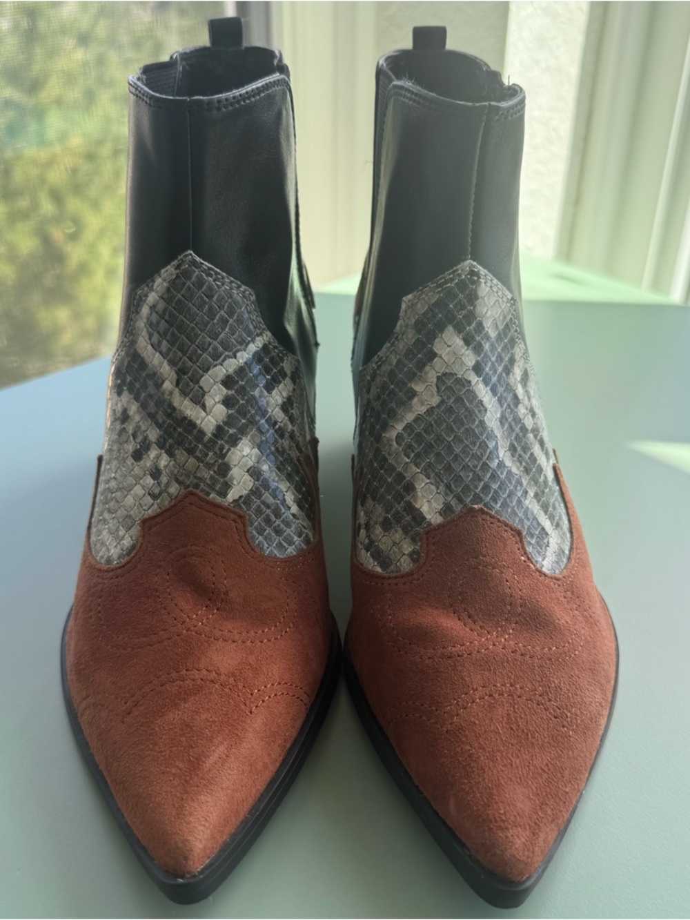 Nine West Brown Suede / Black & White Snake-Print Pointed Ankle Boots